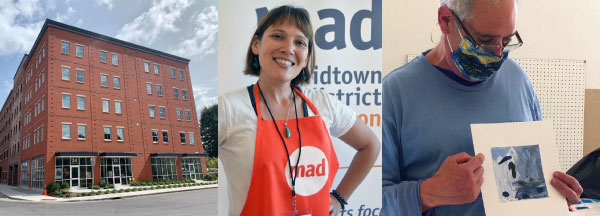 woman in apron, building and person holding art