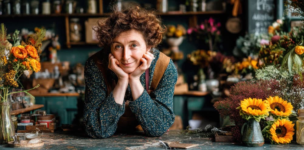 Creative woman in flower shop with vibrant floral arrangements.